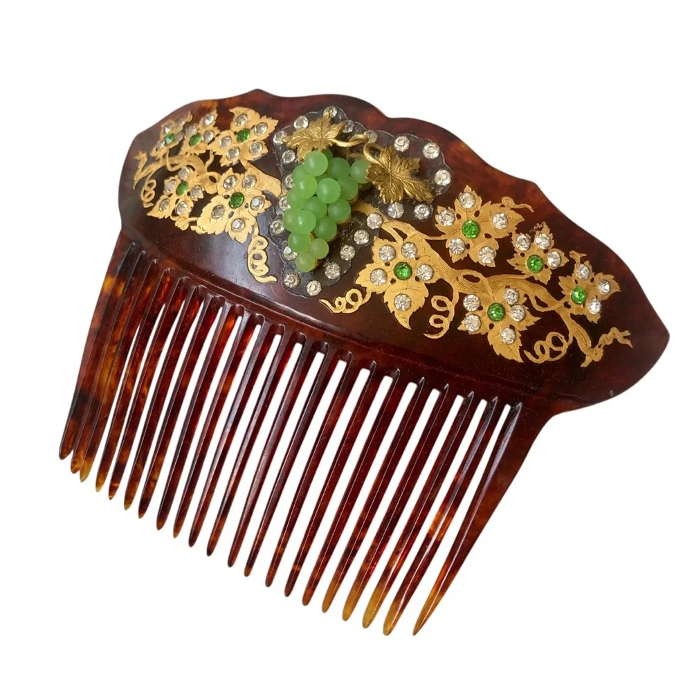 Victorian Celluloid Hair Comb 18K Gold Inlaid Faux Tortoiseshell Pearl Grapes